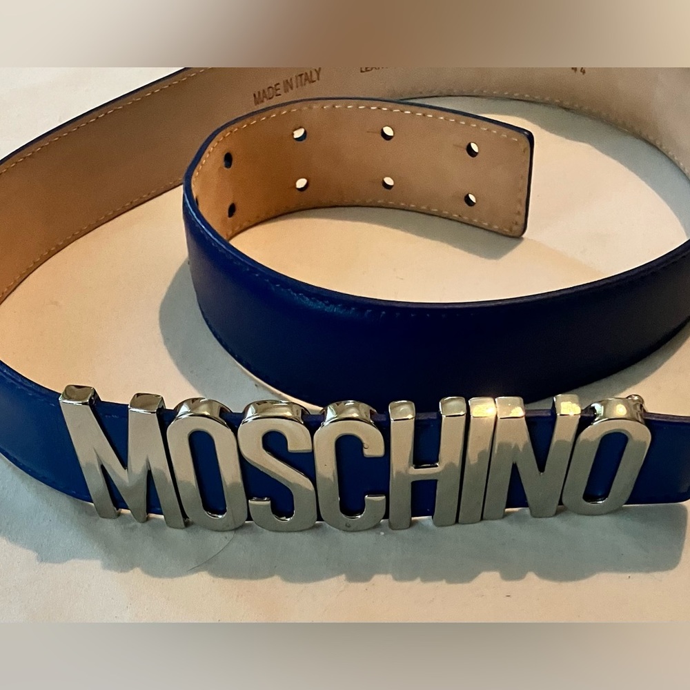 Moschino Blue Leather Belt with Silver Logo Size 44